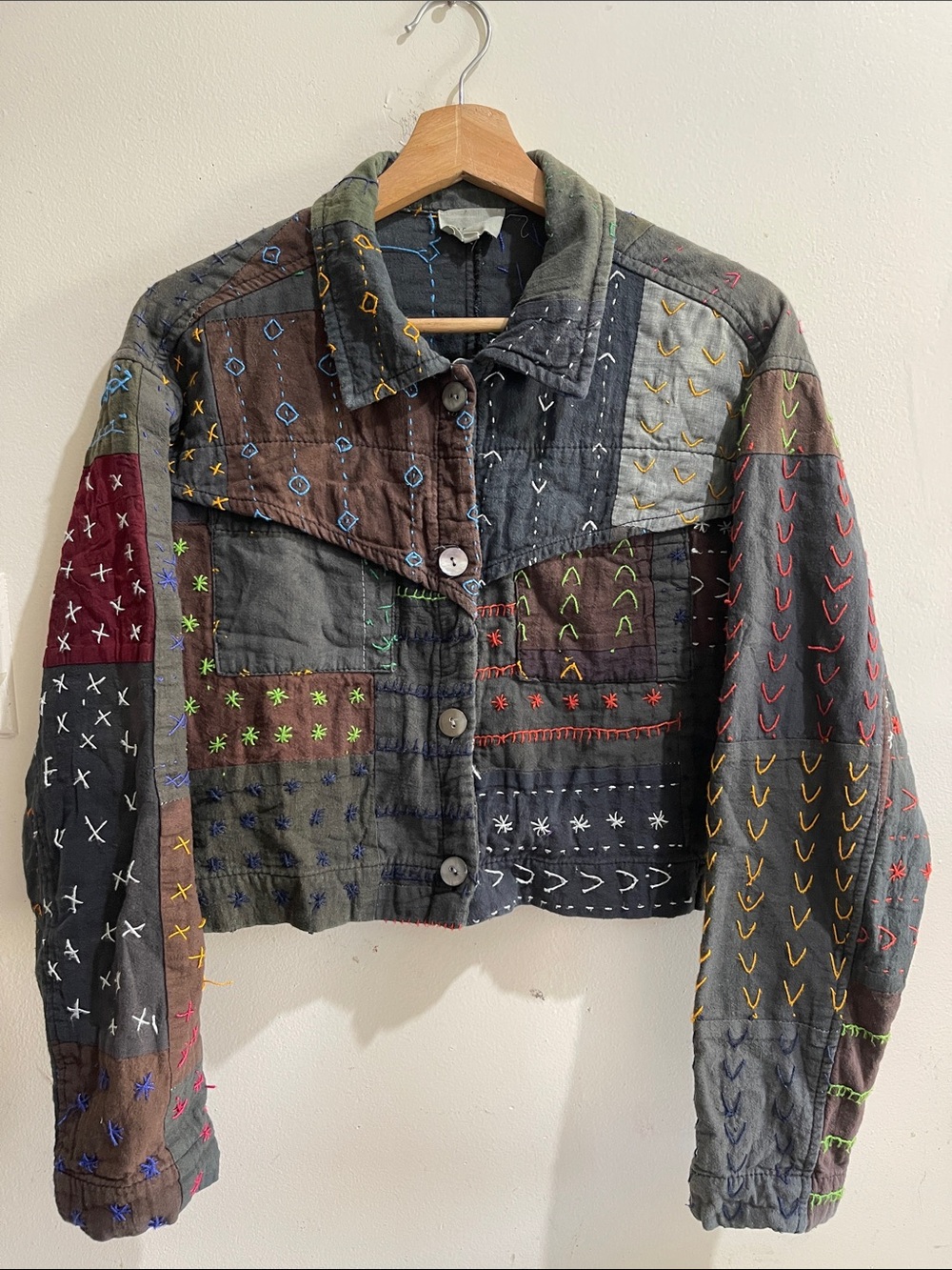 R.G. KANE Embroidered Patchwork Cropped Jean Jacket - Black Multi